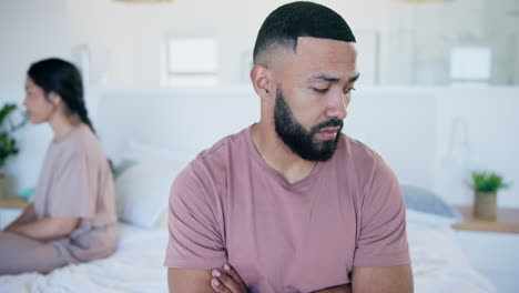 man, conflict and fight of couple in bedroom