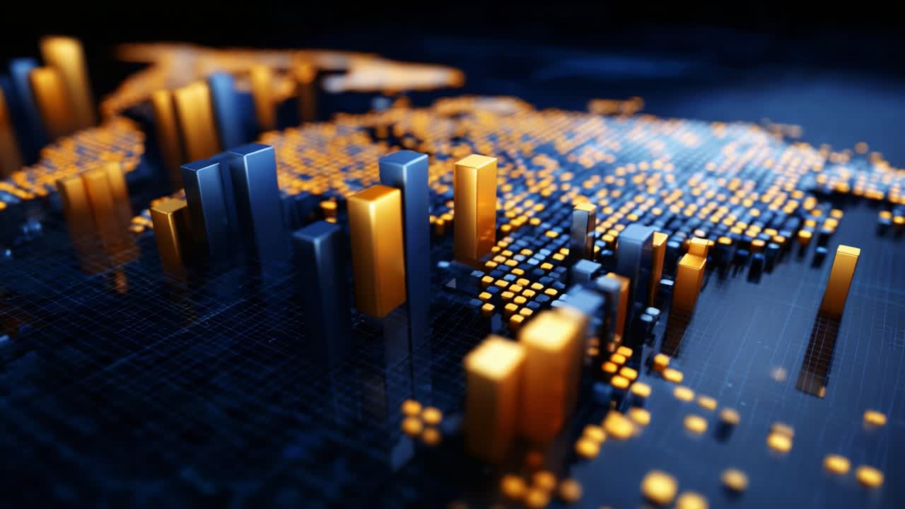 A Data Visualization Journey: Exploring a High-Tech Representation of Global Trends with Bars and Grids in Vibrant Orange and Blue Colors Against a Sleek Digital Landscape