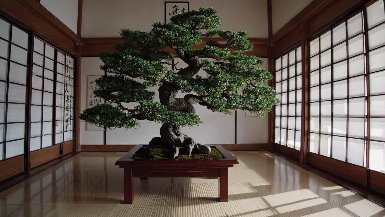 Ripresa video grandangolare di una tranquilla stanza giapponese con un bonsai come centrotavola.