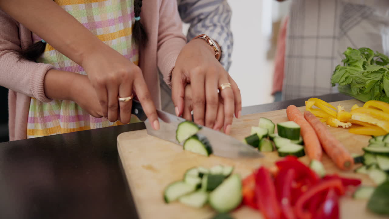 Cooking, vegetables and hands of kid