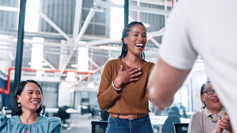 business woman, handshake and applause in meeting