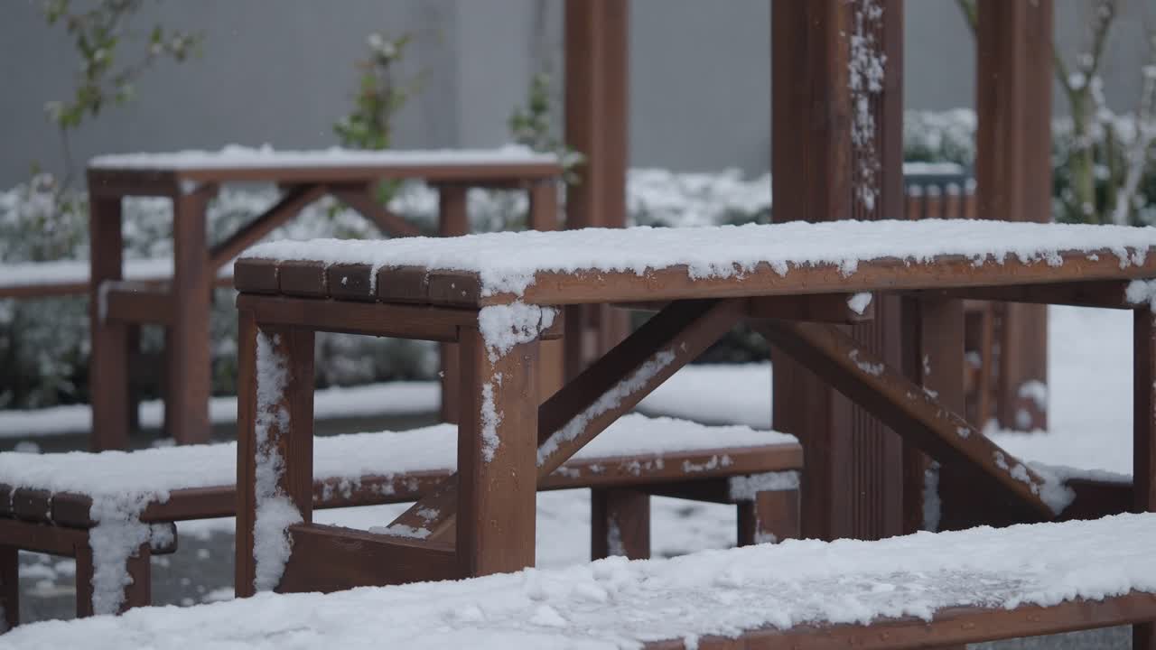 Snowy Outdoor Wooden Tables and Benches