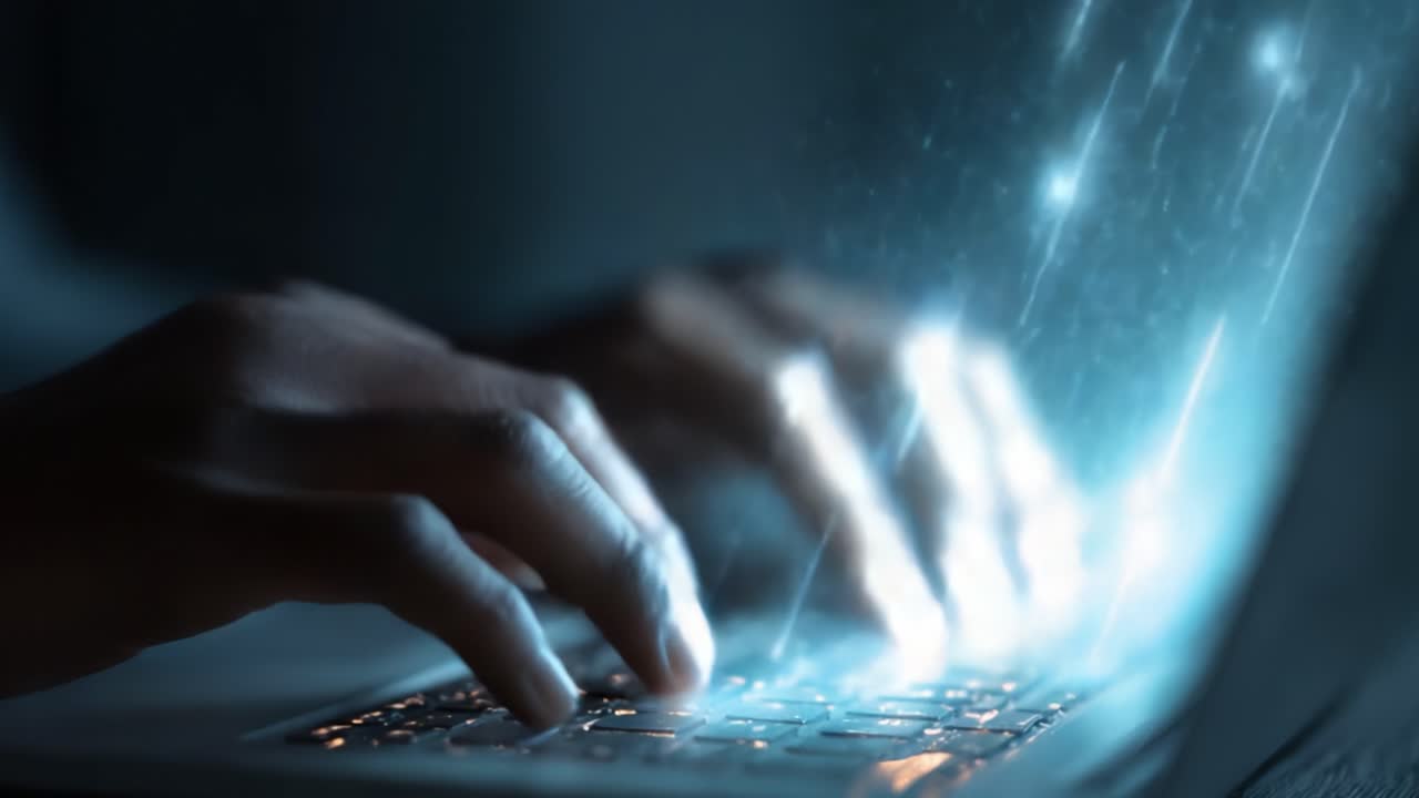 A Close-Up of Hands Typing on a Keyboard, Surrounded by Digital Light Effects Representing Data and Technology in a Dark Environment