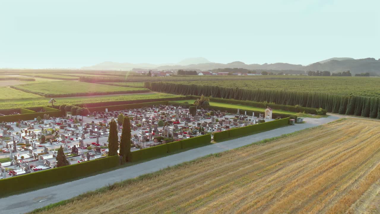 кладбище находится рядом с большим зеленым садом, где растет хмель.