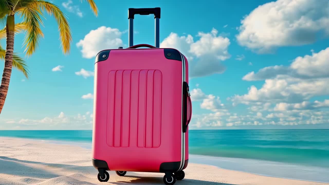 A vibrant video still of a pink suitcase on a sunny beach, captured from a low angle