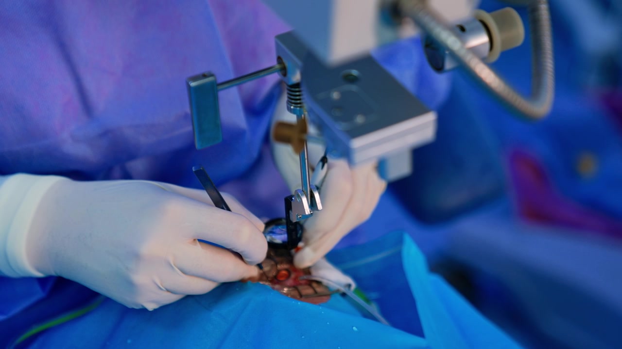 Eyesight correction by means of surgery. Unrecognized surgeon's hands in latex gloves uses metal tool in the patient's eye. Close up.