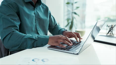 planning, hands and a person typing on a laptop