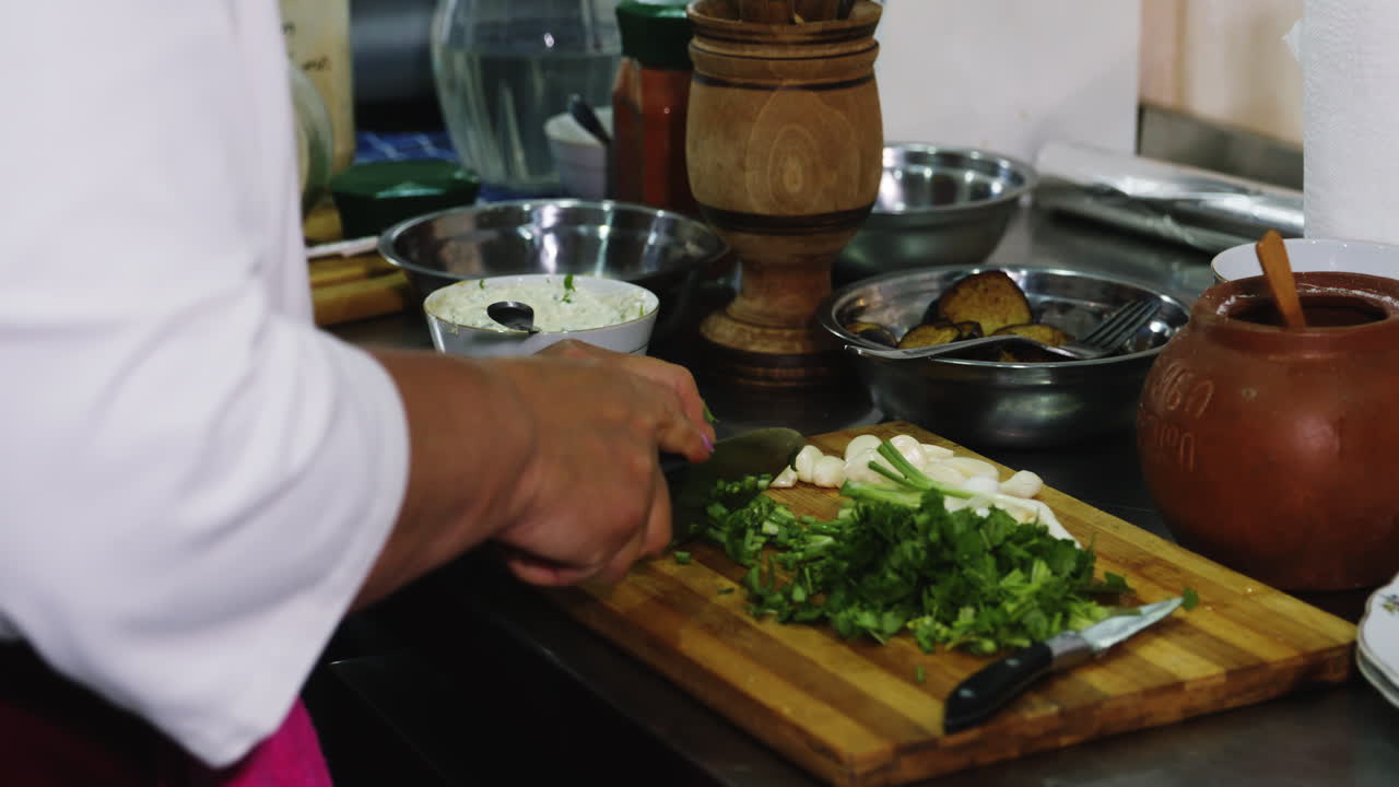 chef cortando verduras en una tabla de cortar en la cocina para hacer un chapuzón