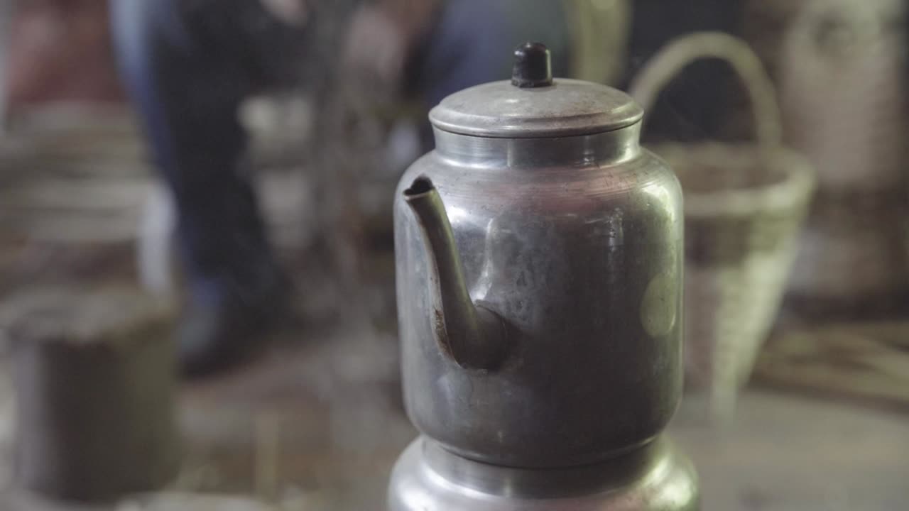 Turkish master of basket knitting, brewing tea. 4K close-up. Rest concept.