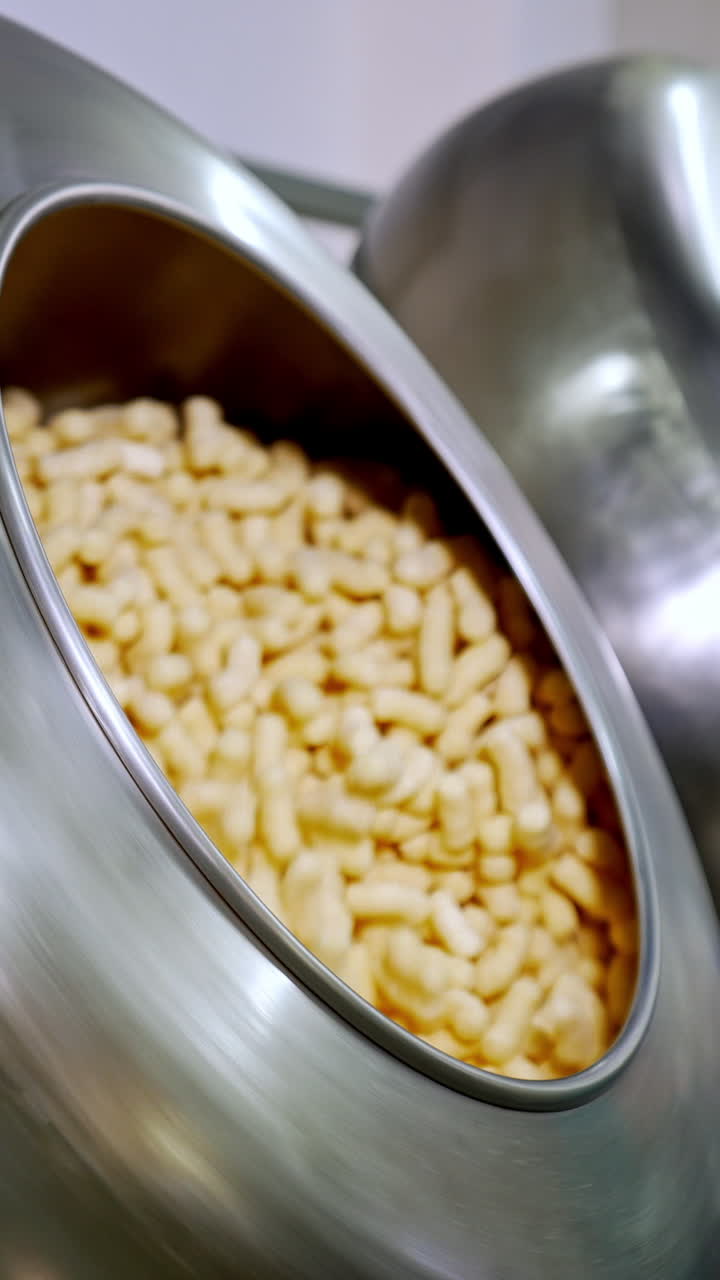Rotating metal tank full of yellow corn sticks. Other tank is filled with corn snacks from a metal nozzle at backdrop. Vertical video