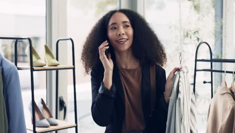 phone call, shopping and young woman in a store