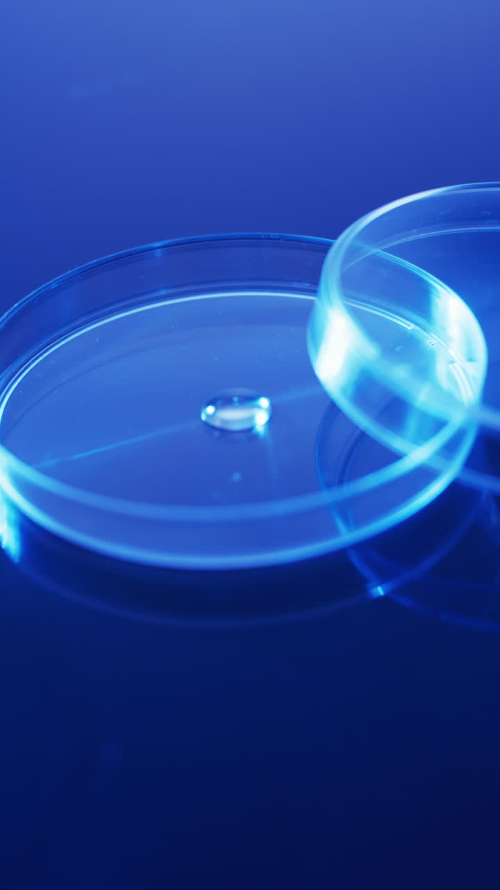 Vertical video of close up of laboratory round glass dishes with copy space on blue background