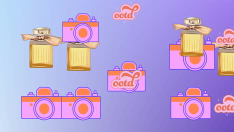 animation of ootd text perfume and camera repeated on blue background