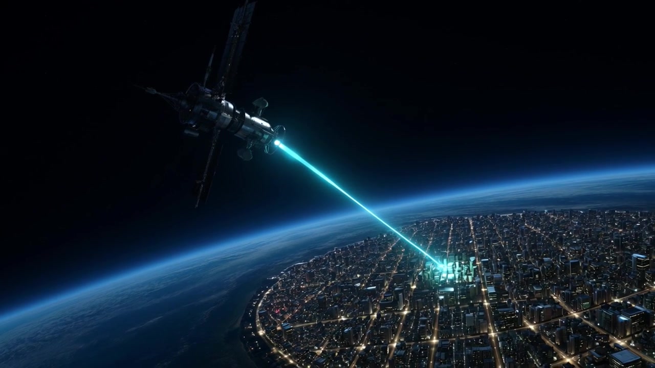 Satellit, der udsender laserstråle mod by på Jorden om natten