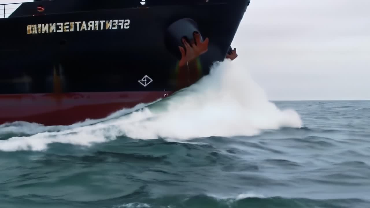 A Close-Up View of a Large Ship's Bow Cutting Through Calm Ocean Waters, Creating Waves and Splashing Sea Foam Under Ambient Cloudy Skies