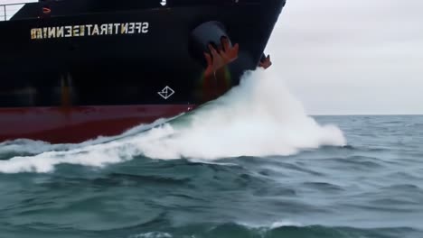 a close-up view of a large ship's bow cutting through calm ocean waters, creating waves and splashing sea foam under ambient cloudy skies