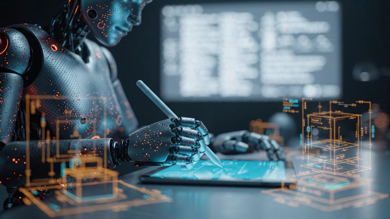 Futuristic Robot Engaged in Digital Design, Utilizing a Tablet for Creating Complex Projects with Illuminated Displays and Interactive Graphical Interfaces