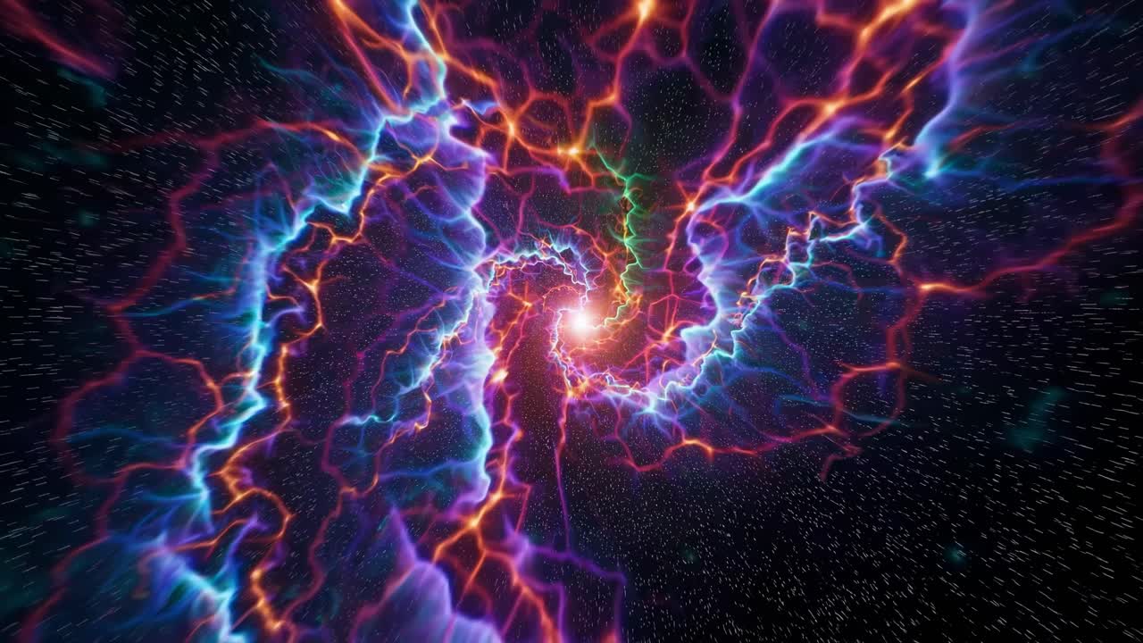 The video showcases a cosmic spiral of vibrant energy and light, creating a mesmerizing visual