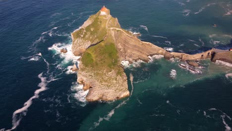 Aerial-footage-of-Gaztelugatxe-an-islet-on-the-coast-of-Biscay-Basque-Country-north-of-Spain,-Camino-de-Santiago-pilgrimage