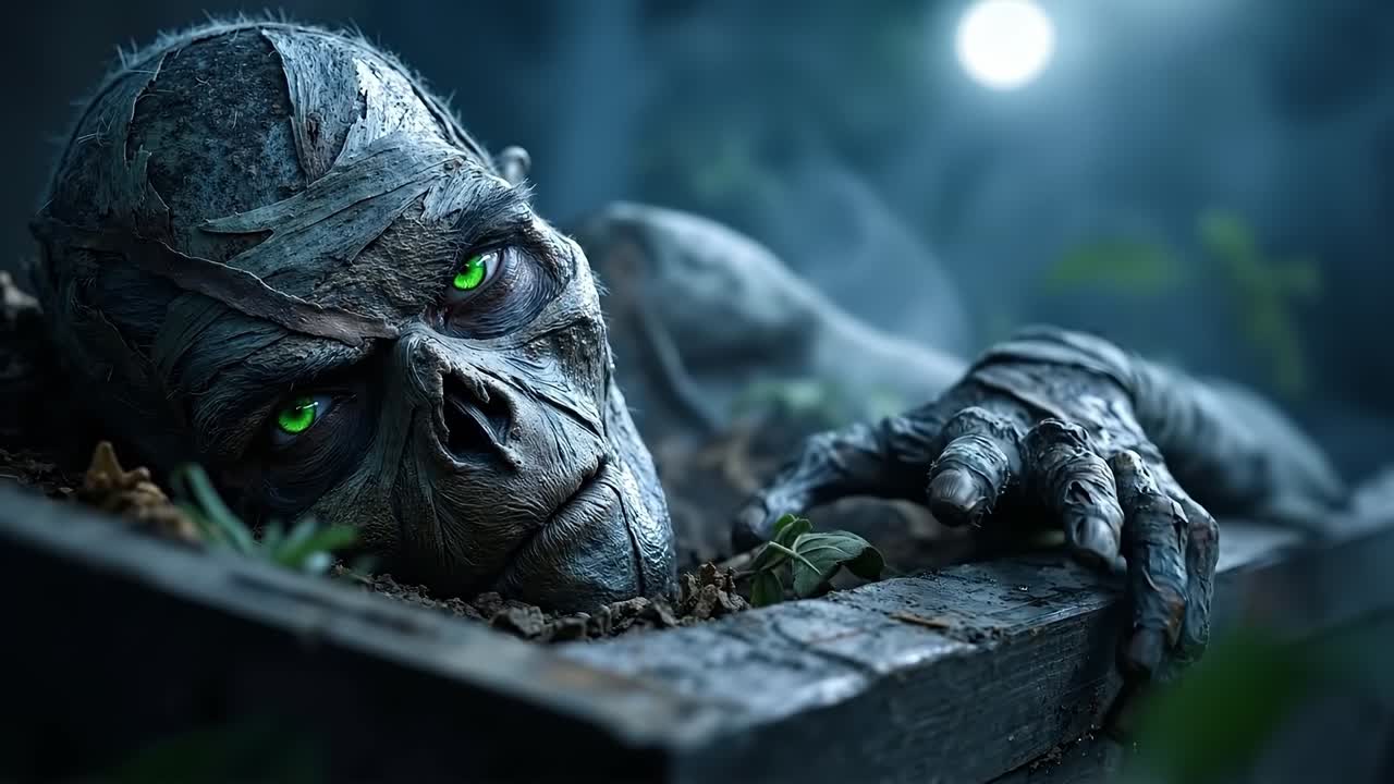 A creepy looking mummy laying in a wooden box