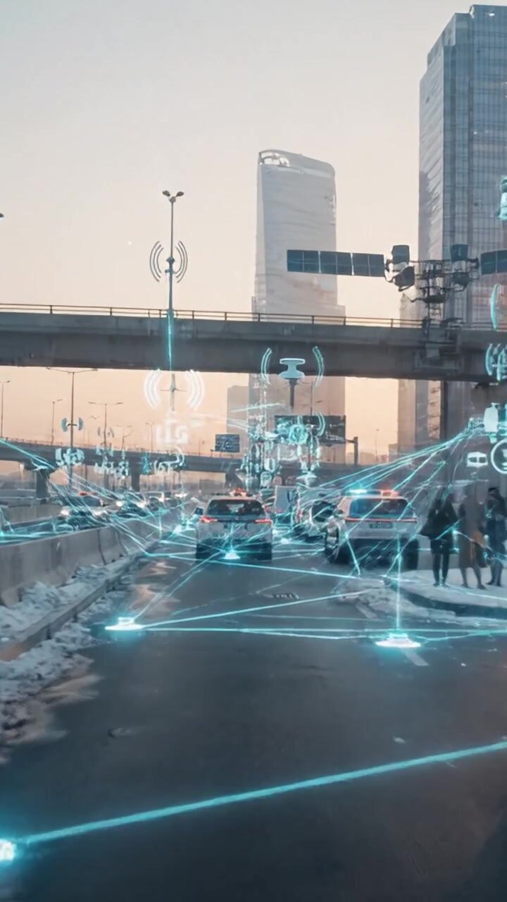 Scena di traffico urbano futuristico con funzionalità avanzate di navigazione e connettività che mostra veicoli su un'autostrada di città intelligente all'alba.