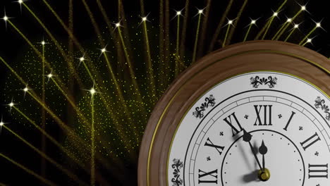 Animation-Einer-Tickenden-Retro-Uhr,-Die-Mitternacht-Mit-Feuerwerk-Auf-Schwarzem-Hintergrund-Zeigt