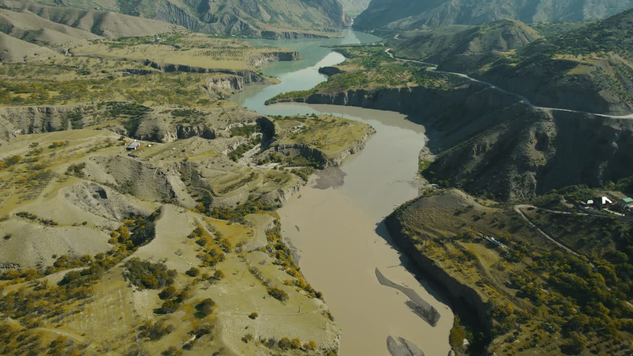 Aerial View of a Mountain River Canyon