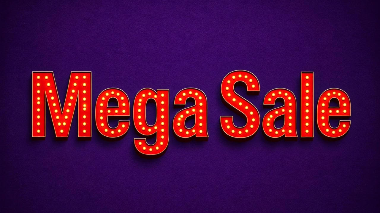 Megamyynti-kampanjabannerianimaatio retro-neon-typografialla violetilla taustalla