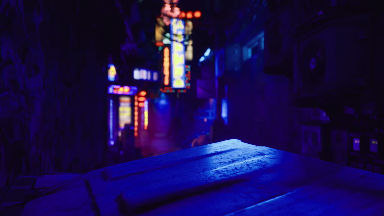 Vibrant neon lights illuminate a bustling city alley at night