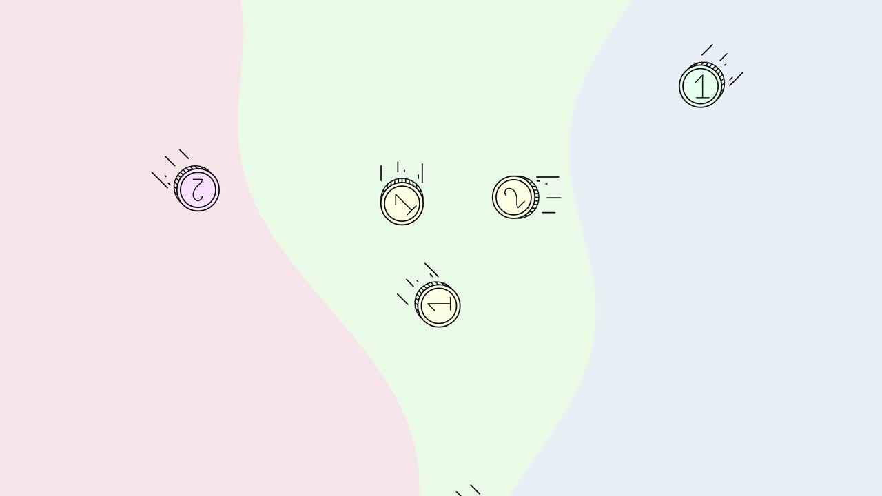 만화 동전 아이콘이 4k 비디오에서  바탕에 떨어집니다.