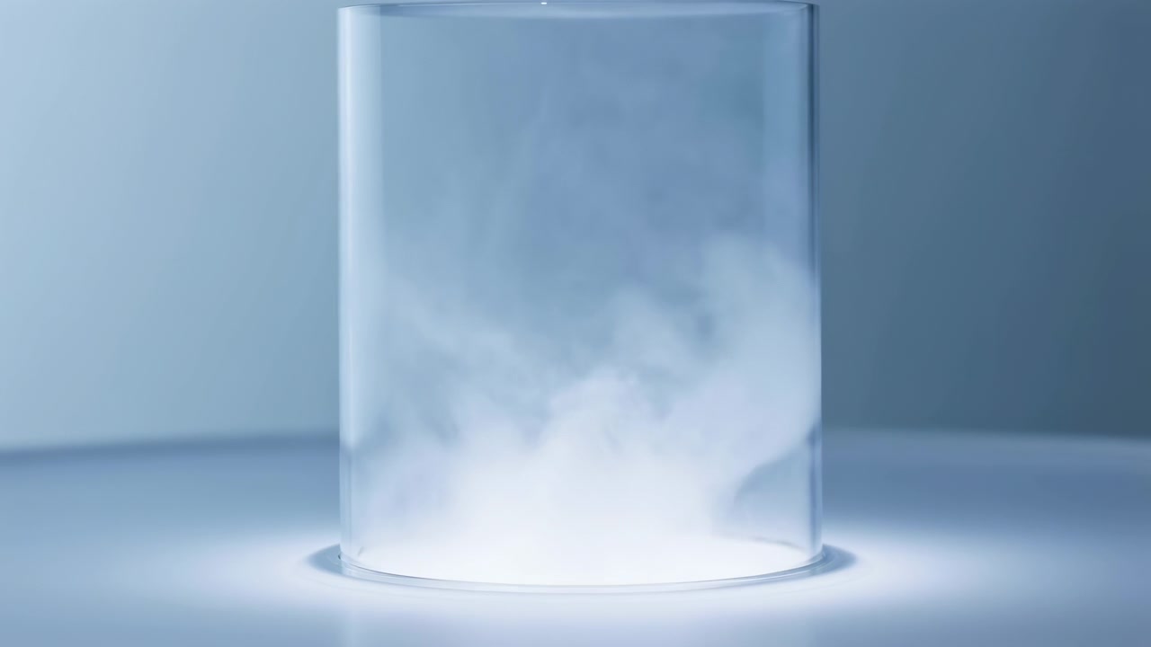 Weißer Nebel wölbt sich sanft und verändert seine Form in klarem zylindrischem Glas, von unten beleuchtet vor einer hellblauen Umgebung, mit weichen Reflexionen und einer aufgeräumten, zentrierten Komposition.