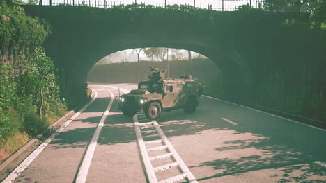 armored military car in big city