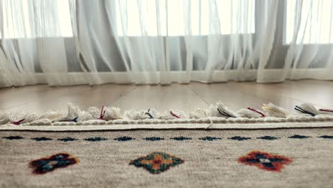 beige rug with decorative pattern near a window with sheer curtains.