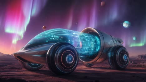 vehículo espacial futurista en el paisaje marciano con aurora boreal