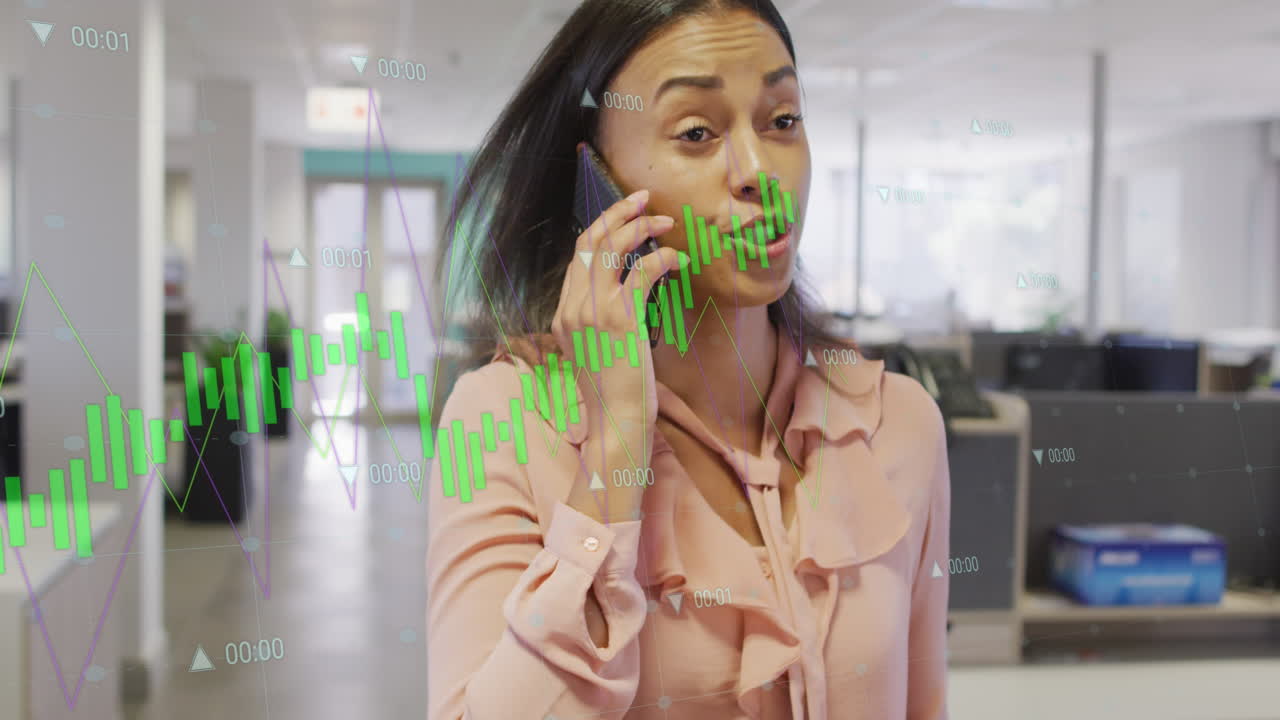 Animation of financial data processing over biracial businesswoman using smartphone