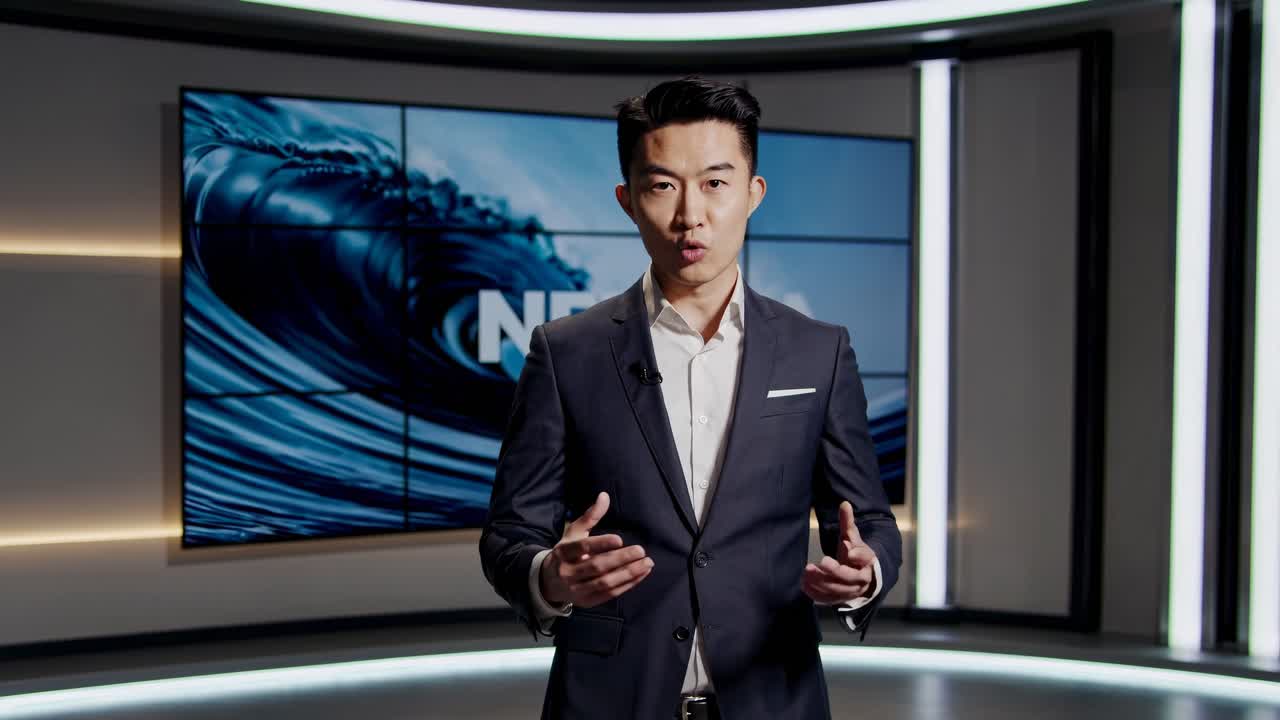 A professional video features a man in a suit presenting in a modern studio