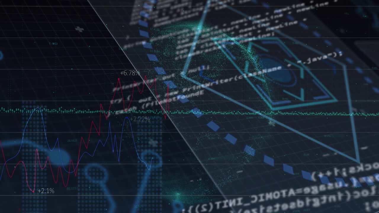Animation with digital data and graphs overlaying futuristic interface on dark background