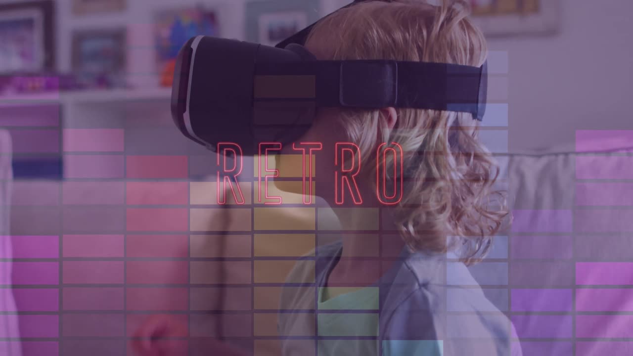 video de texto retro sobre un chico caucásico usando auriculares vr