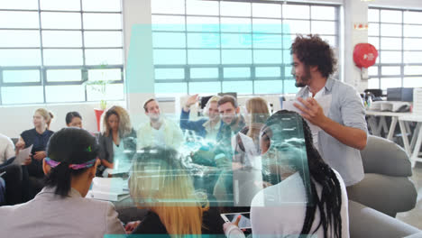 Animation-of-data-screens-over-diverse-male-and-female-business-colleagues-having-meeting-in-office