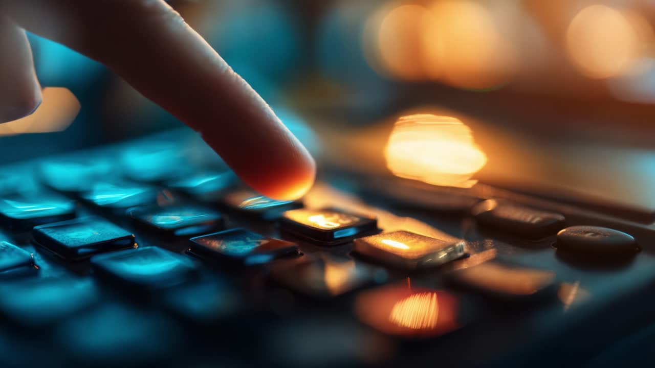 A close-up view of a finger pressing a button on a calculator, capturing the sleek design and vibrant lighting that highlights the intricate details of the device and its keys