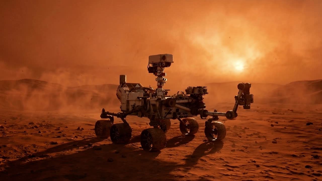 Robotic rover driving across a dusty red planet landscape beneath a glowing sun and drifting sand haze