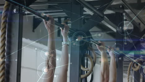 hands gripping pull-up bars, network connections animation over gym equipment