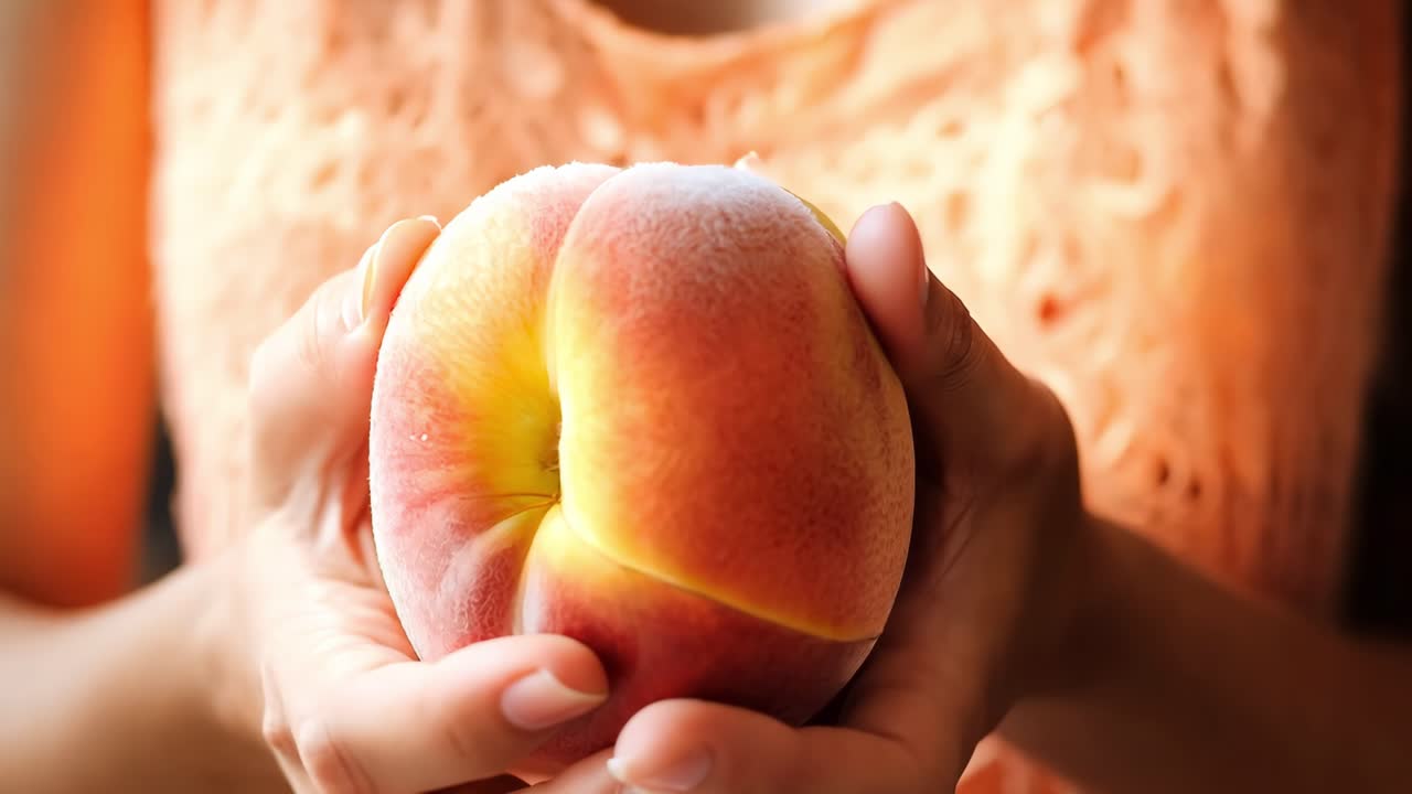 Soft peach fuzz highlighting ripe fruit's delicate texture, grasped by woman wearing elegant peach colored lace dress against warm, diffused light