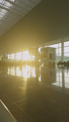 passengers walking in airport terminal with afternoon sunlight in vertical