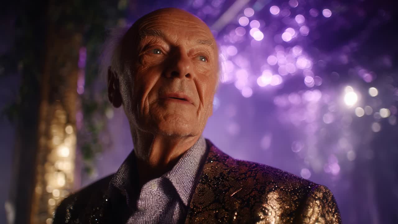 An elderly man with a distinguished presence gazes into the distance, adorned in a sparkling jacket that captures the vibrant lights of a colorful and enchanting environment, evoking a sense of nostalgia and wisdom