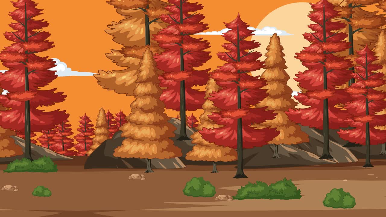 Colorful trees transition through a serene forest landscape, capturing the essence of autumn with warm, vivid hues