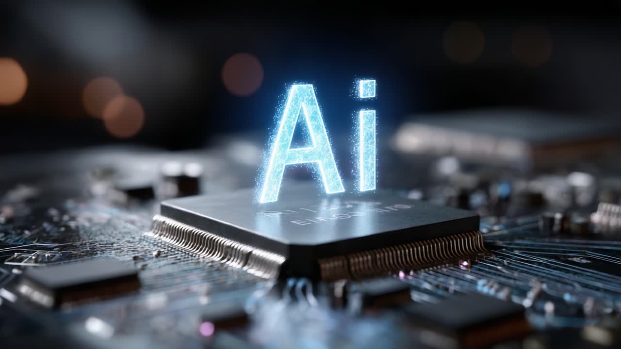 This captivating sequence highlights the evolution of artificial intelligence represented by a glowing 'AI' symbol above a computer chip, showcasing technology and innovation in digital design