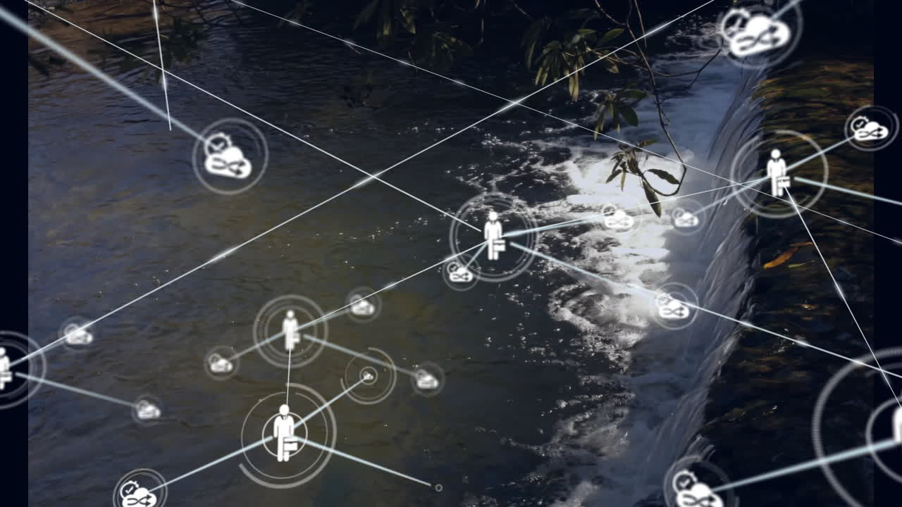 Flat design network overlay flowing over gentle river, connecting human icons and cloud symbols