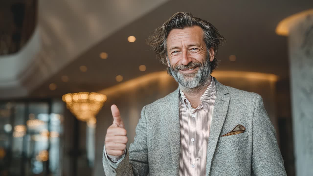 A confident businessman with a grey beard and stylish attire giving a thumbs-up gesture, radiating positivity and professionalism in a modern, elegant setting