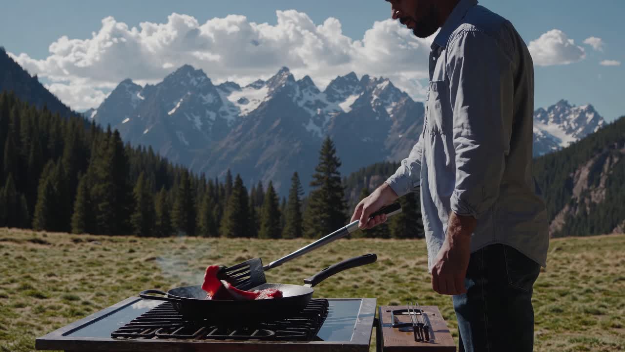 Man Grilling Steak in the Mountains